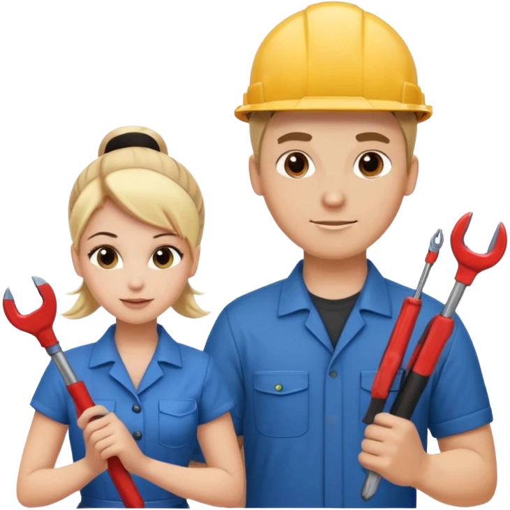 handsome White male electrician with tool and pretty blond office administrhair stylist with a bun emoji