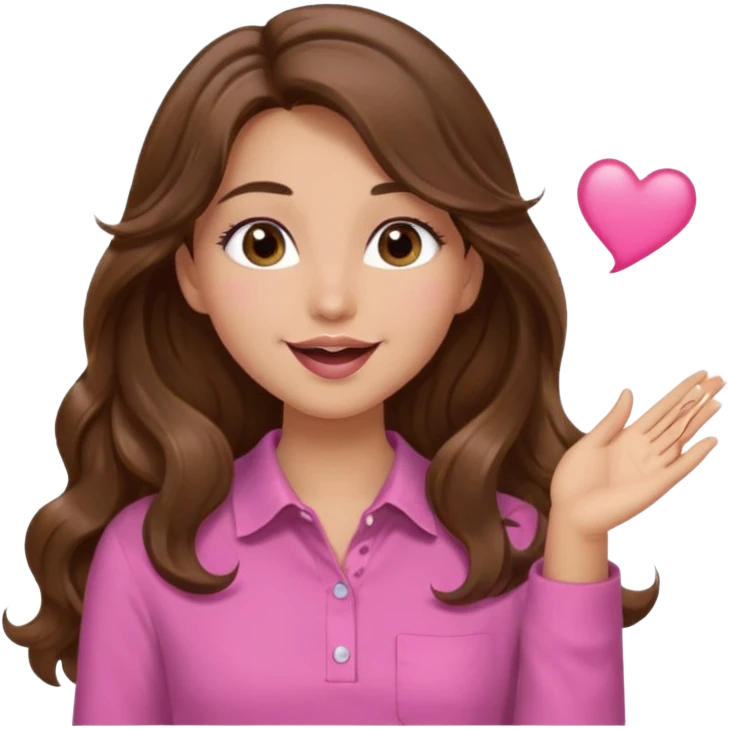 girl with long wavy brown hair, brown eyes, light to medium complexion, in a pink shirt, long lashes, blowing a kiss emoji