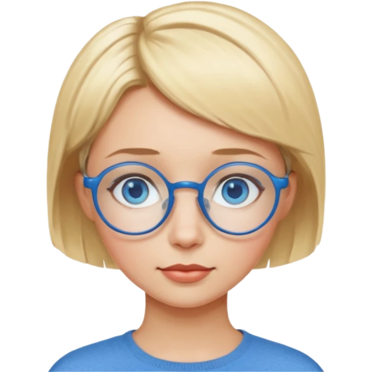 woman with short blonde haire, blue eyes and blue round glasses emoji