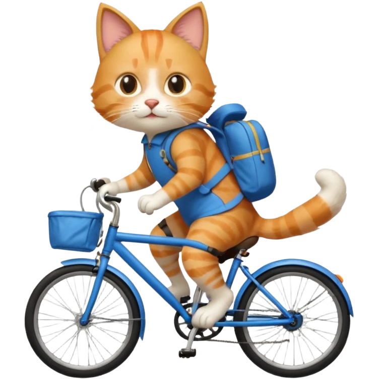 A cat is riding a bicycle and wearing a backpack. emoji