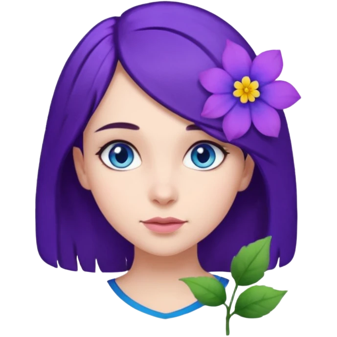 Create a girl of European appearance who looks sideways with dark brown hair, blue eyes and a purple hair flower emoji