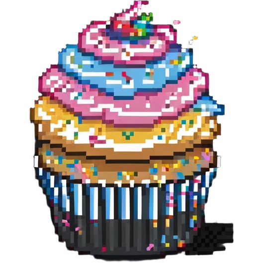large cupcake with pink frosting and rainbow sprinkles in pixel art style emoji