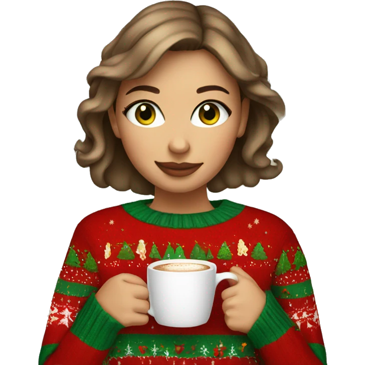 Short haired light brown girl with green eyes drinking coffee wearing Christmas sweater emoji