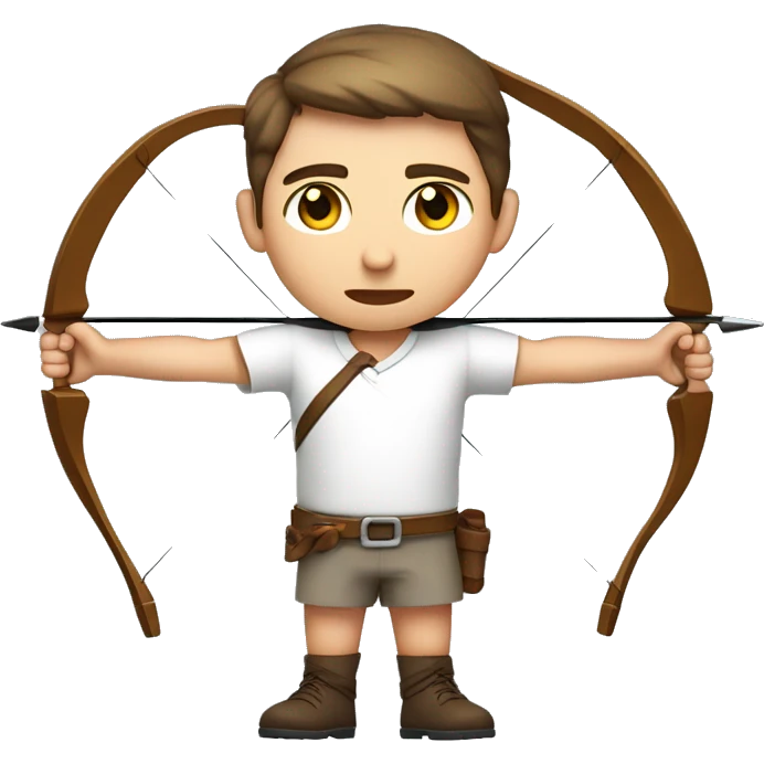a male archer aiming with a bow facing  his target, eyes closed, wearing a white shirt, very short brown hair, bright skin, only show upper part of the body from waist up emoji