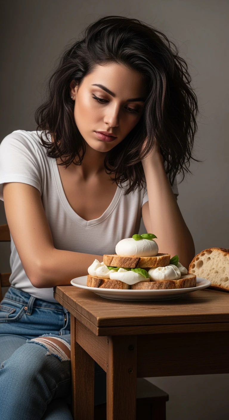 donna vestita casual con espressione triste davanti ad un piatto di cibo con mozzarella e pane, iperrealistico 4k emoji