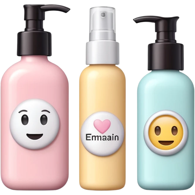 emoji of three different beauty products, with brand labels, minimalistic but luxury design (realistic), pastel colors emoji
