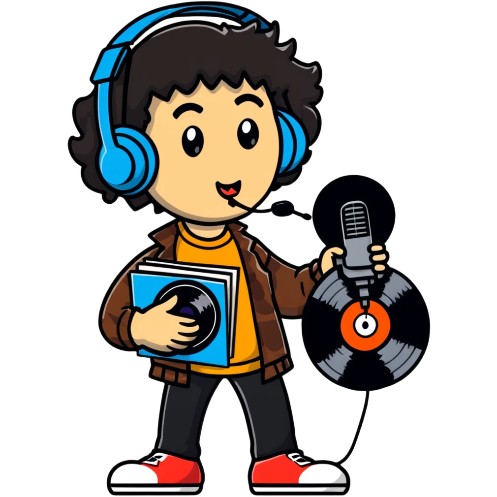 Nardwuar holding vinyl records and his signature microphone emoji