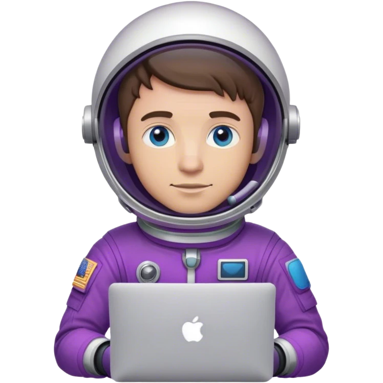 guy astronaut with purple suit, blue eyes, brown hair and one macbook emoji