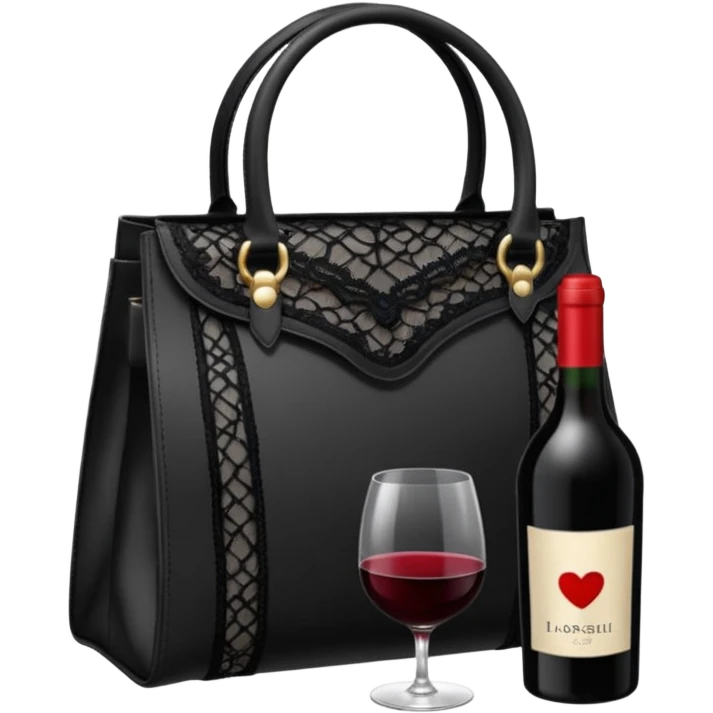 stylish bag with wine, lipstick and lingerie nearby. emoji
