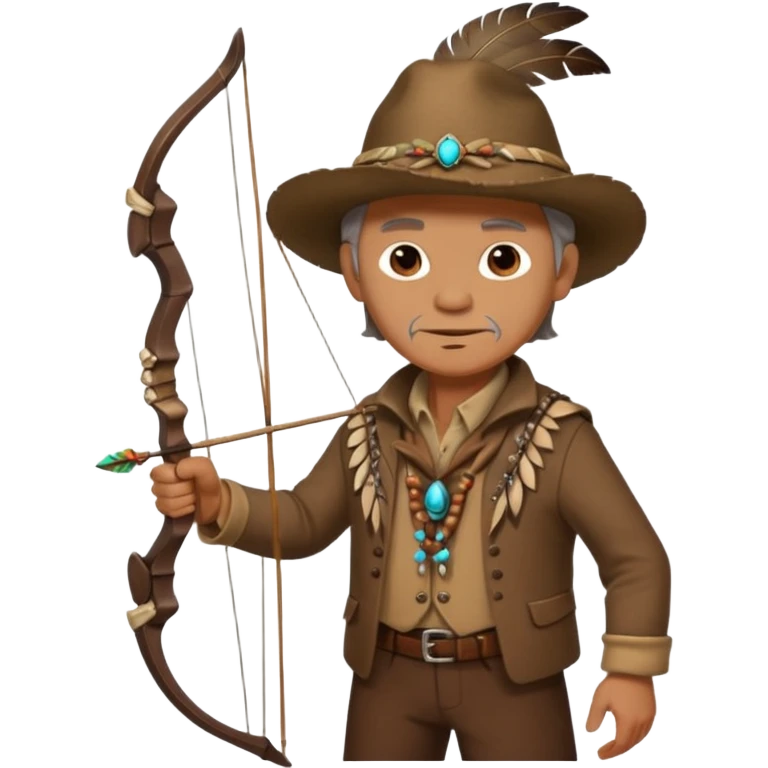The classic image of a middle-aged uncle hunter carrying a bow, dressed in brown clothes, with some ornaments made of feathers, bones or teeth on his body. emoji