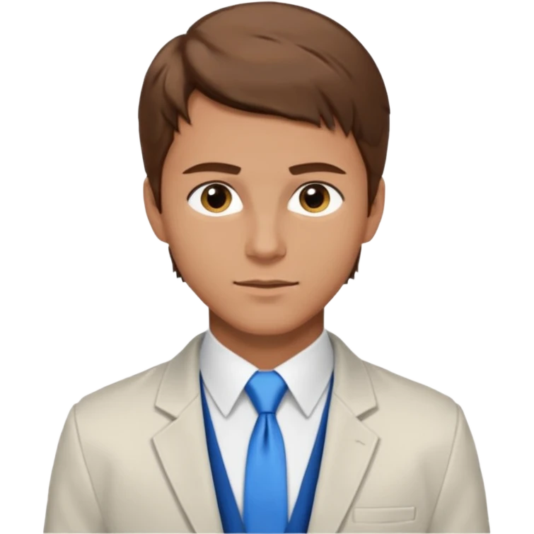 un homme type caucasien brun plutot jeune avec des jolies traits avec une chemise blanche et une veste a manche longues et cravate bleu il a les yeux marron emoji
