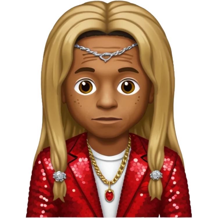 Lil Wayne with long dark blonde hair, red sequin outfit emoji