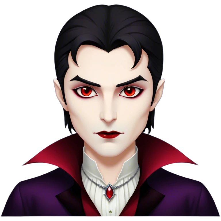 Cinematic Noble Vampire Portrait Emoji, Elegant and commanding, with a refined, pale visage framed by dark, velvet accents and a hint of crimson, exuding timeless seduction and dangerous allure, simplified yet exquisitely detailed, glowing with a soft nocturnal radiance and a subtle, mysterious outline that captures the regal spirit of an immortal lord of the night! emoji