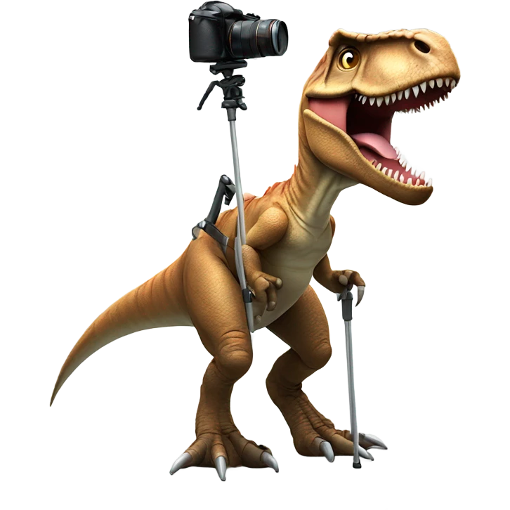 1 legged t-rex with crutch and camera emoji