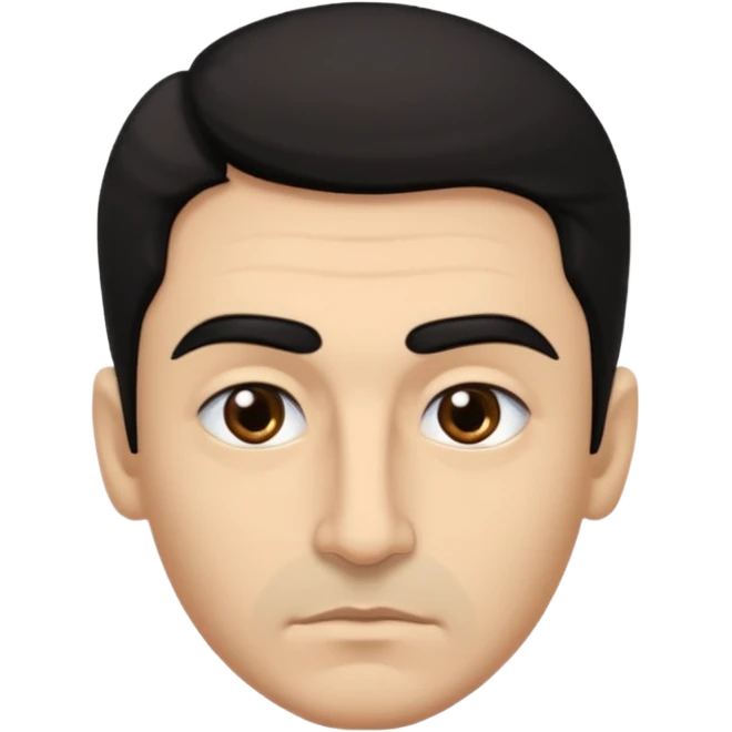 emoji a medio cuerpo, de un hombre, con cejas gruesas inclinadas hacia abajo, nariz medio grande, hombros anchos, sin sonrisa, hombros anchos, cabello medio ondulado con un corte juvenil, cabello negro. ojos negros. emoji