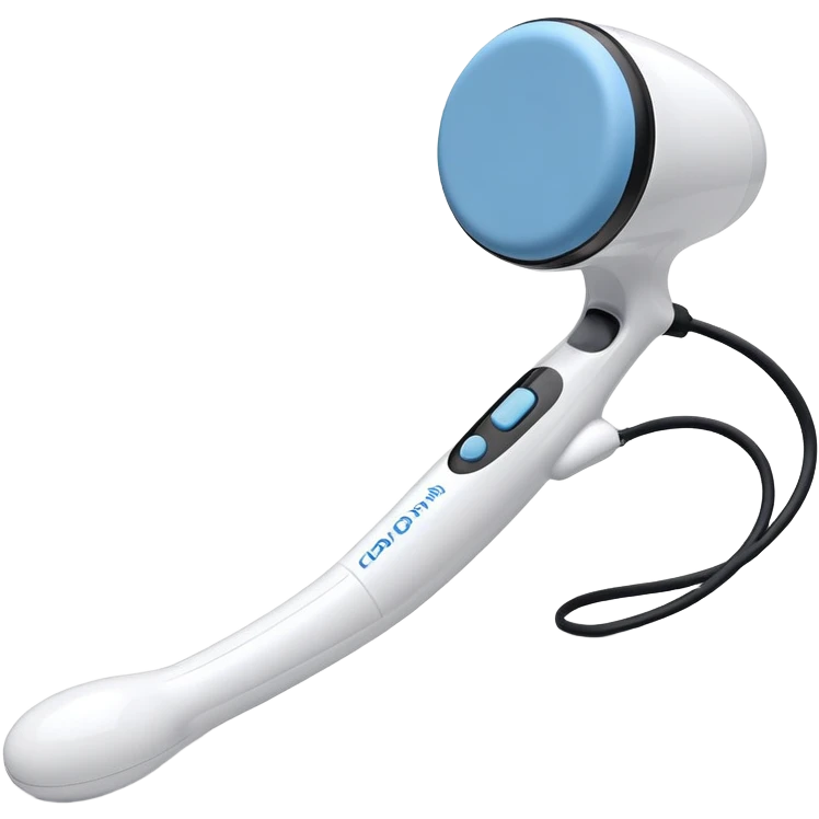 a white handheld massager with a rounded, padded head and a long handle. The handle features a blue accent area with a small black switch in the center, and a cord emerging from the bottom. The head is slightly larger than the handle and attached with a short blue neck emoji