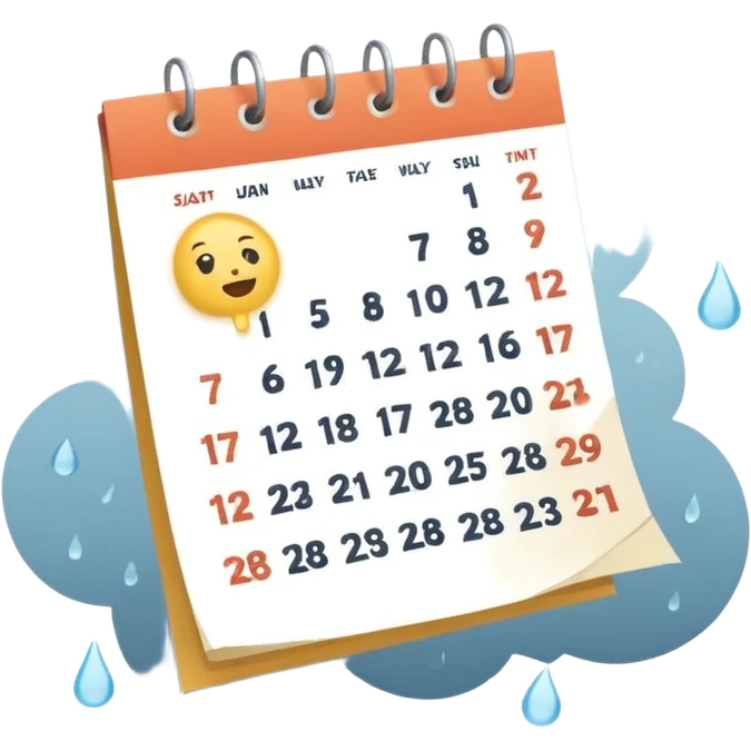 Minimalist emoji of a tilted, crumpled calendar page with faint, incomplete checklist marks, a small rain cloud dripping above it, and a dim, muted colour palette to symbolise a productivity slump and lost discipline. Flat vector style, soft shadows, transparent background emoji