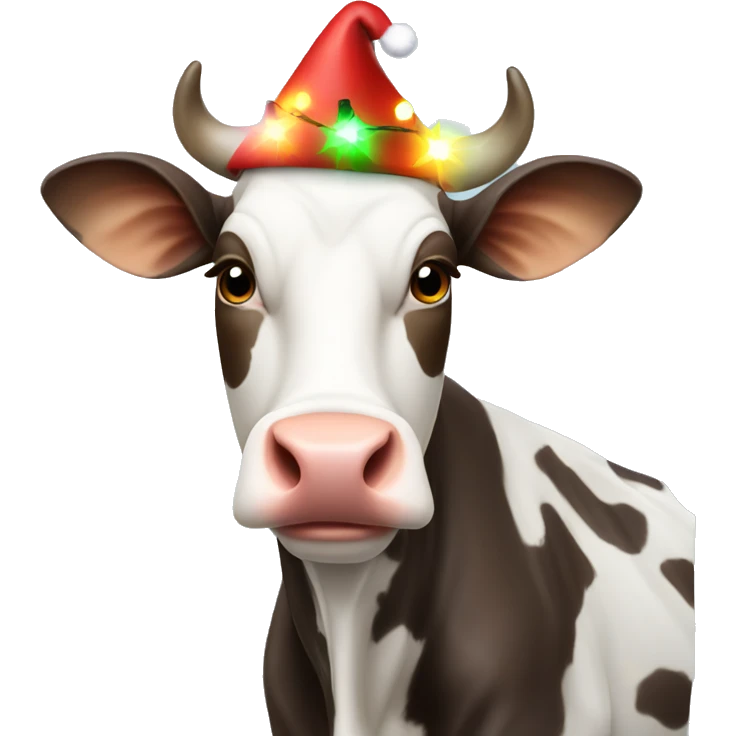 Cow wearing Christmas lights and hat emoji