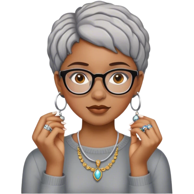 Light skinned Black girl with glasses short natural gray haircut making jewelry  emoji