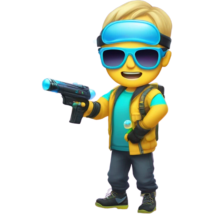 Caucasian boy in glowing rave gear with sunglasses and mask and headlamp and shooting a bubble gun emoji