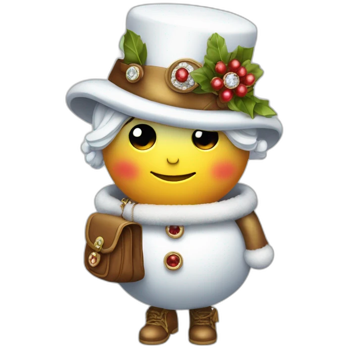 snow woman with designer top hat eyes and buttons are made of precious gems holding a purse in stick arms with a back pack on emoji