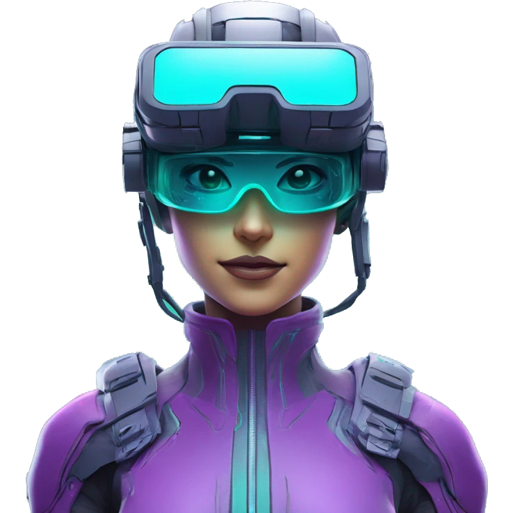 Secret humanoid agent in a futuristic hat with in Apple VR goggles headset code display on the goggles , cyberpunk, cyan and purple colors, only upper body portrait, front facing the camera  emoji