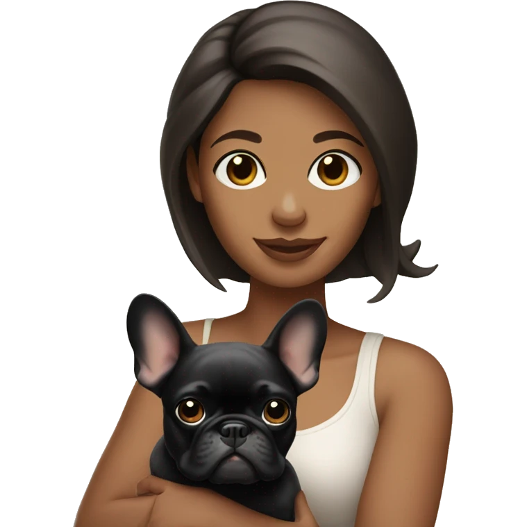 Brunette Woman holding black and tan French bulldog emoji