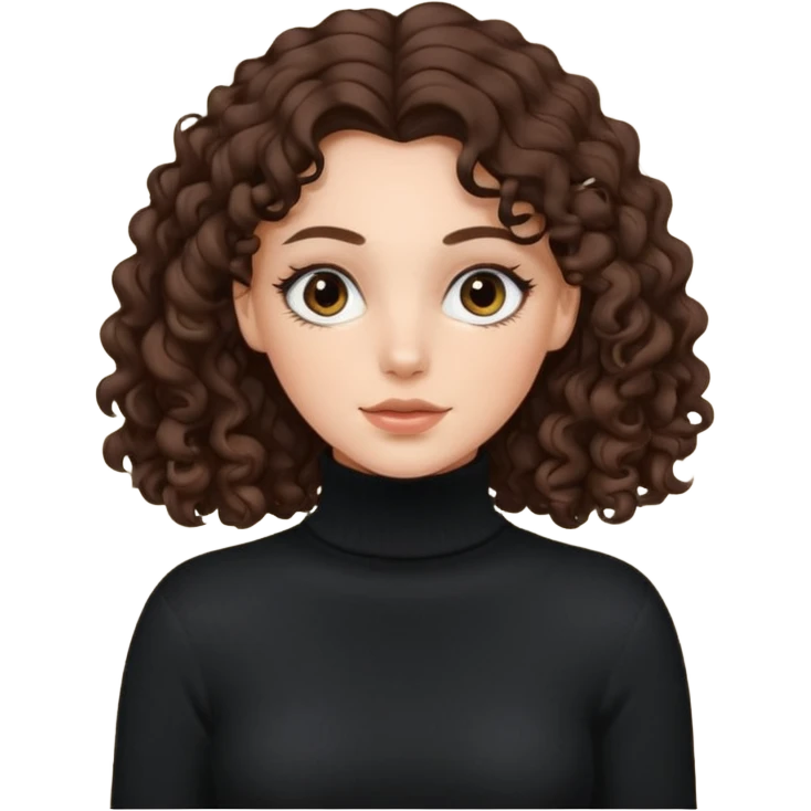 aesthetic white girl with dark brown long curly hair in front of the girland black eyes  , black turtle neck sweater top emoji