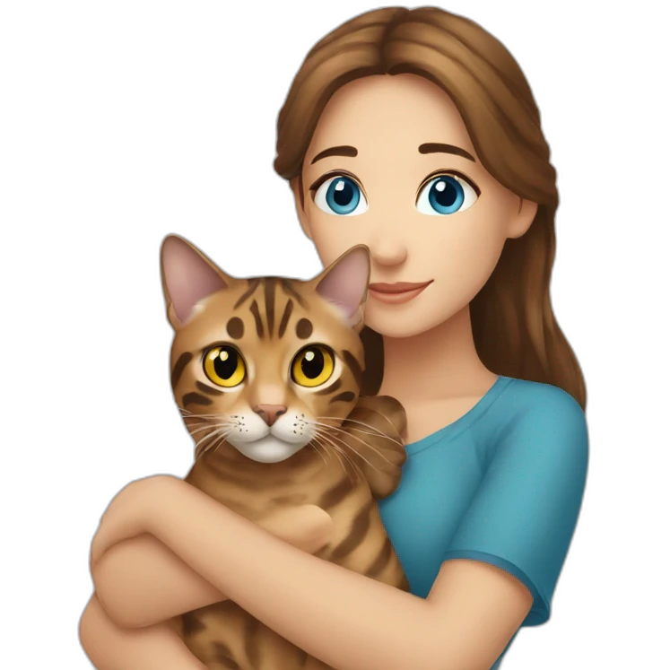 a beautiful girl with blue eyes and brown hair is holding a Bengal cat with yellow eyes in her arms emoji