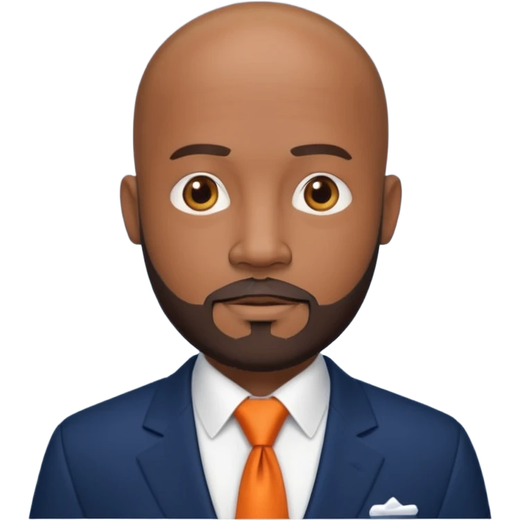 headshot of a sophisticated, stylish, bald head Caribbean black man with a beard and goatee in a navy blue suite, white shirt and dark orange tie emoji