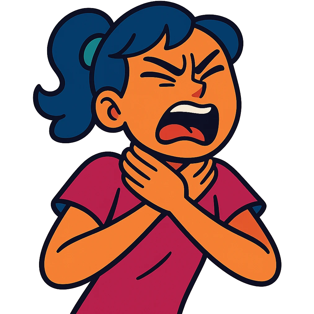 girl expressing intense emotion with hands near her neck, dramatic facial expression, vibrant toon style emoji
