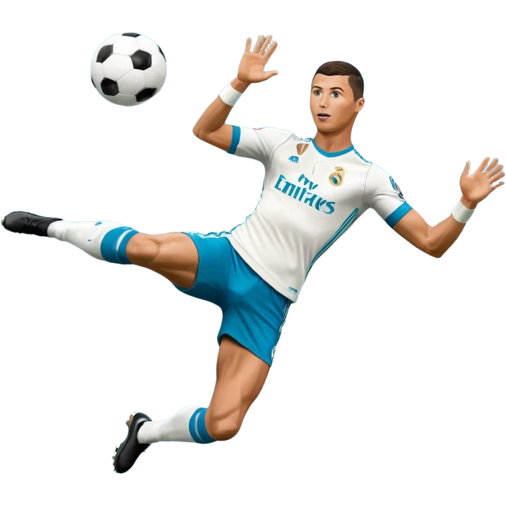Ronaldo doing a bicycle kick with football in mid air While wearing a Retro blue Real madrid kit and yes i want it to be exactly the same as he Scored it in 2018 vs Juventus  emoji