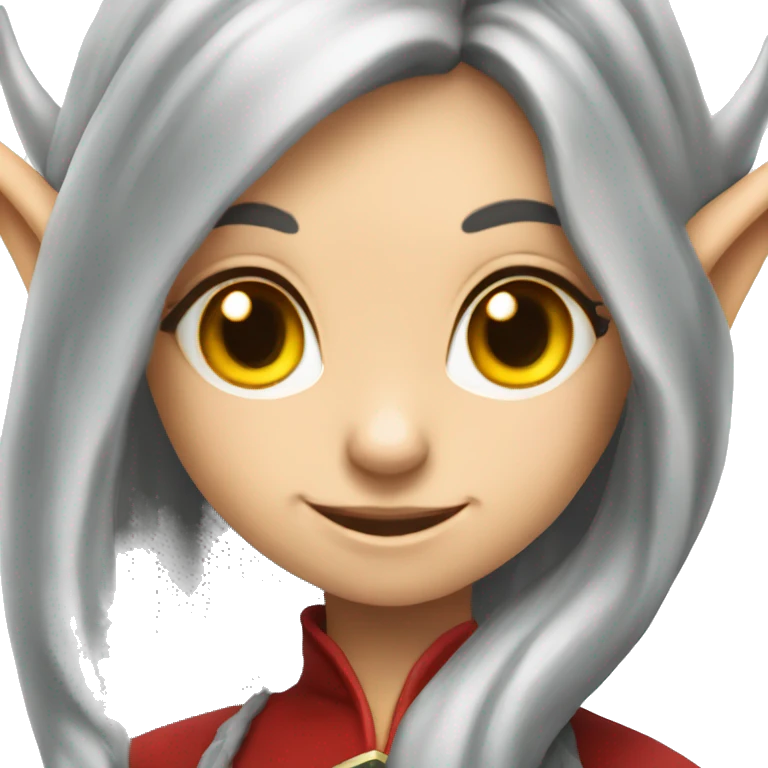 A young female elf with gray long hair, yellow eyes and red dragon horns and a sly smile emoji
