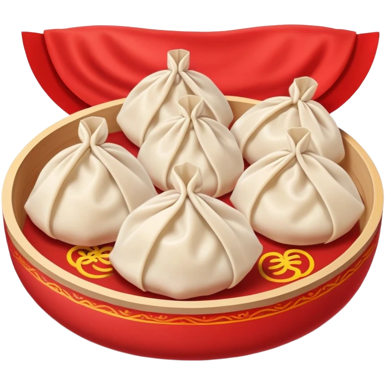 Chinese New Year dumplings Jiaozi with red background elements, simplified emoji style with bold outlines and bright colors, cartoon style festive food emoji