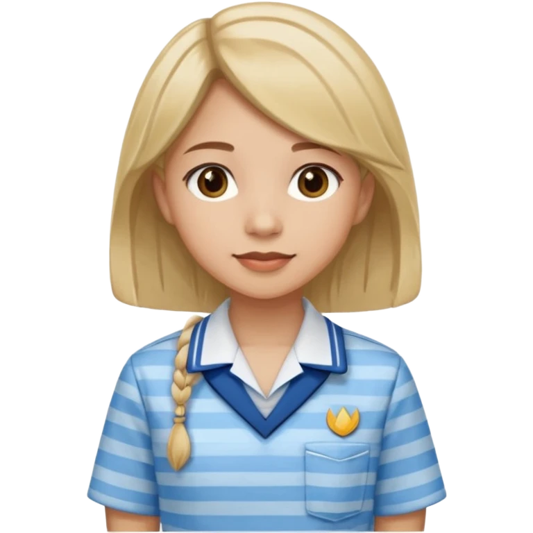 seorang perempuan berambut panjang namun tdk panjang sekali, memakai baju batik sekolah biru muda bermotif garis garis biru muda emoji