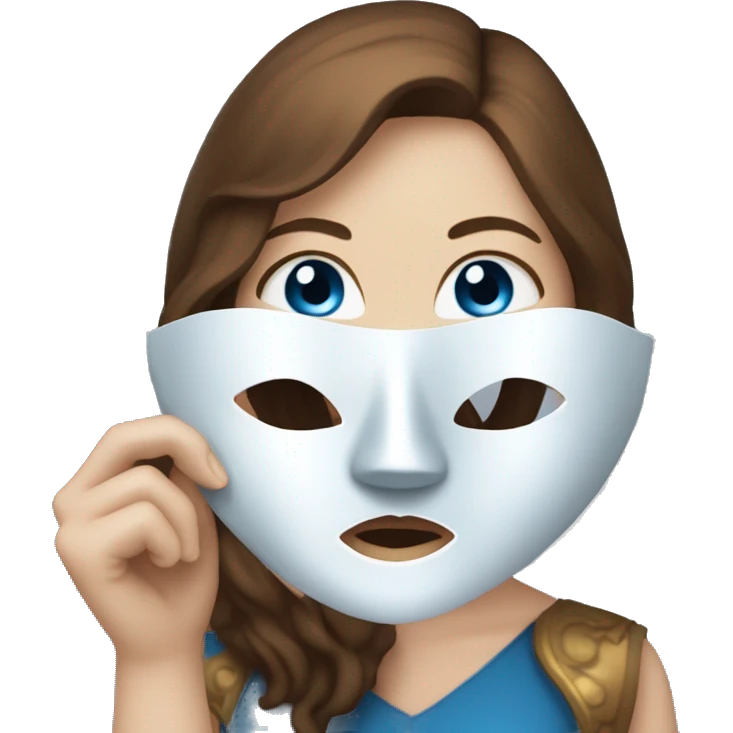 A girl with blue eyes, white skin and brown hair, holding a theater mask in her hand emoji