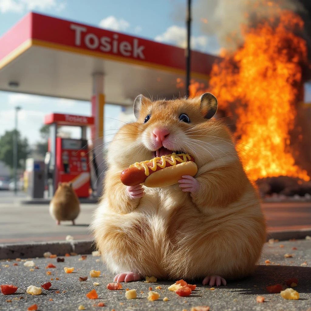 Cinematic still of A portrait of a fat hamster eating hotdog on gas station, gas station is in fire, other hamster fun away, sunny day, back light explosion , gas station named "Tosiek" emoji