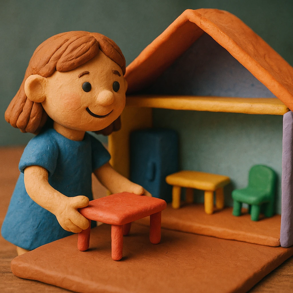 smiling girl arranging furniture in doll house emoji