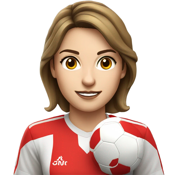 Pretty white woman wearing an Arsenal jersey with short brown hair kicking a soccer ball emoji