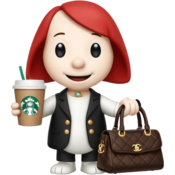 snoopy in a desk with starbucks and his chanel purse emoji