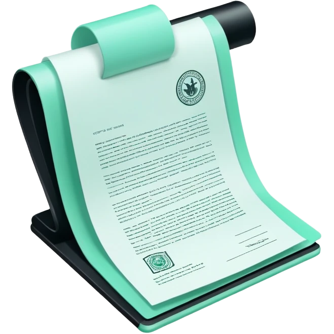 Commande Publique (Public Procurement), 3D techy icon with black and mint green (#B5F4D3) color scheme, contract document with official stamp emoji