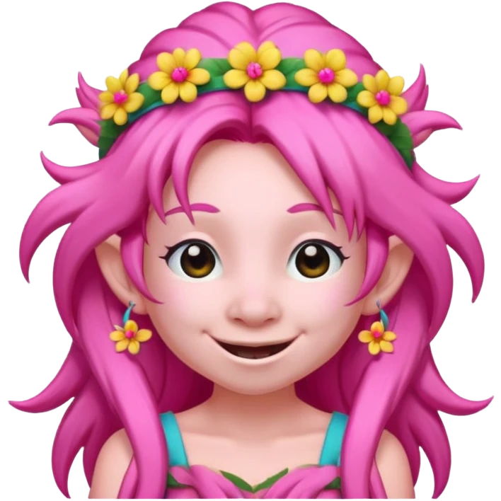 pink troll character, long hair, flower headband, joyful emoji