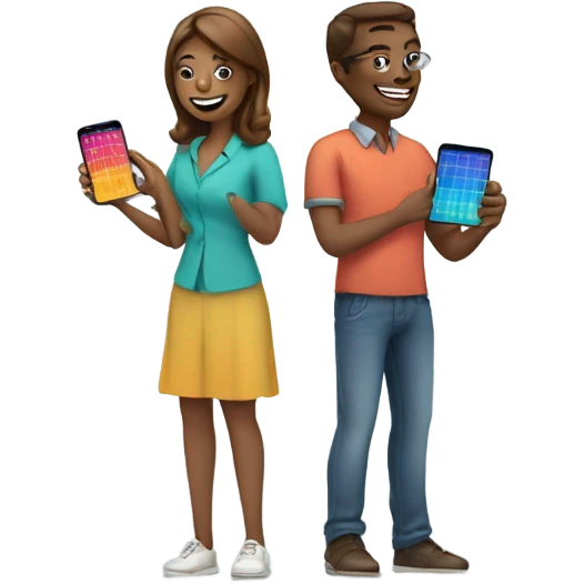 group with three happy person with a smartphone showing charts emoji