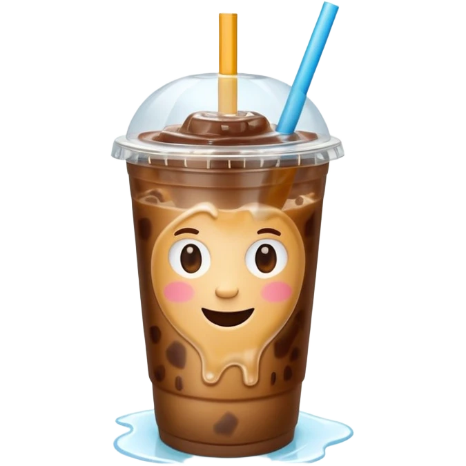 A 3D cartoon plastic cup of iced coffee with straw, clear lid, ice cubes floating, realistic condensation, bright sunlight, Memoji-style. emoji