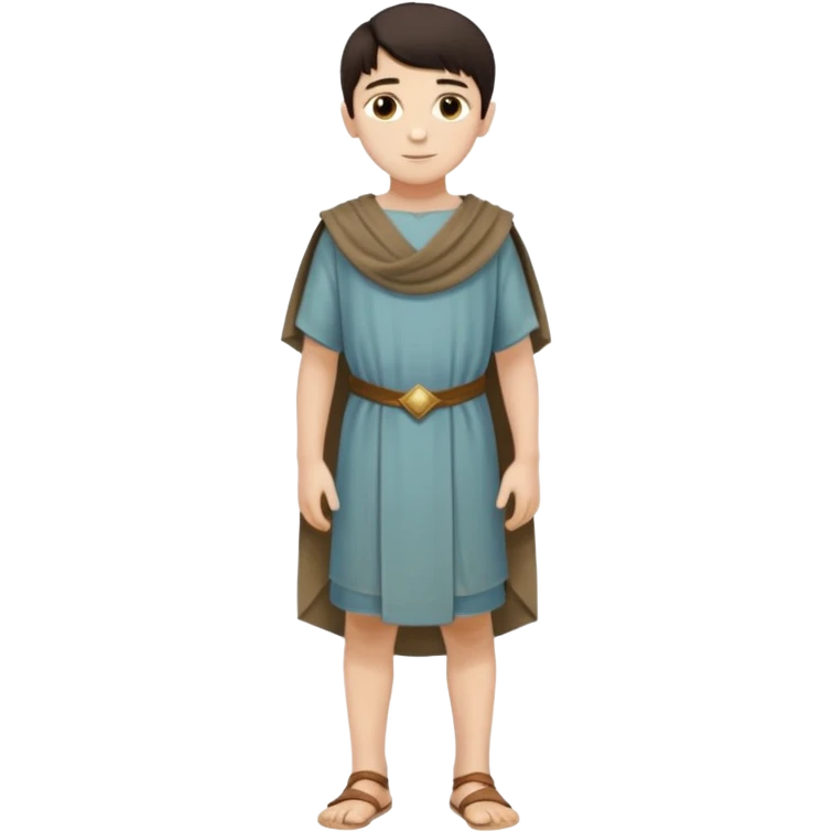 Niño: niño entre ⅞ años y 10/14 años, delgado, blanco de piel, moreno, ojos ni muy claros ni muy oscuros, bueno y simpático. cuerpo entero, época púnica emoji