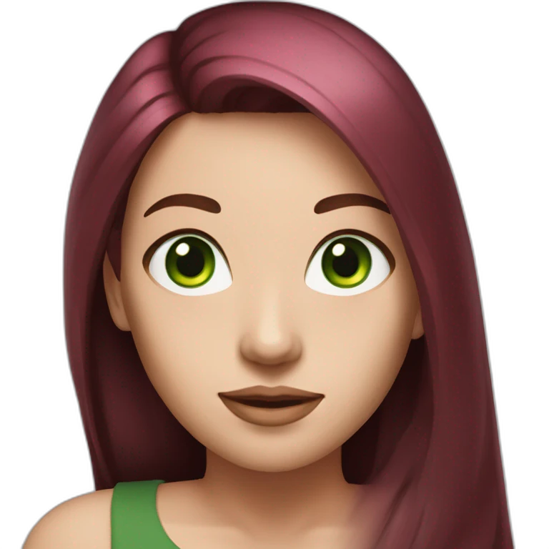 woman, long straight ruby hair, white skin, green eyes, black tshirt emoji