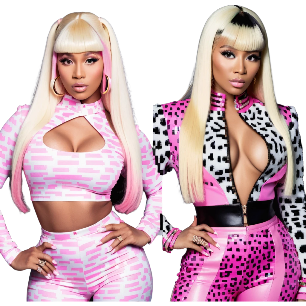 Nicki Minaj in pink and white leopard print outfit with bangs and split-dyed hair blonde on left side pink on right side emoji