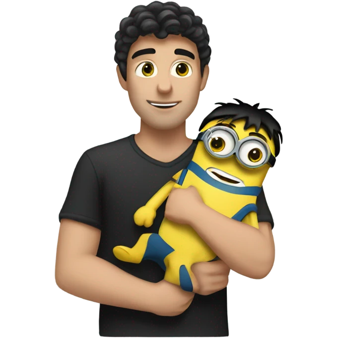 white male, black hair hugging and holding a minion with green eyes emoji