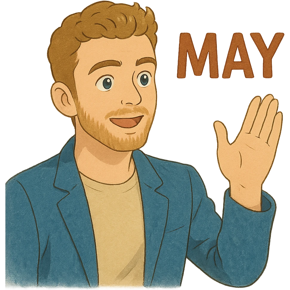 ghibli style illustration of a Justin Timberlake lookalike saying 'MAY' emoji