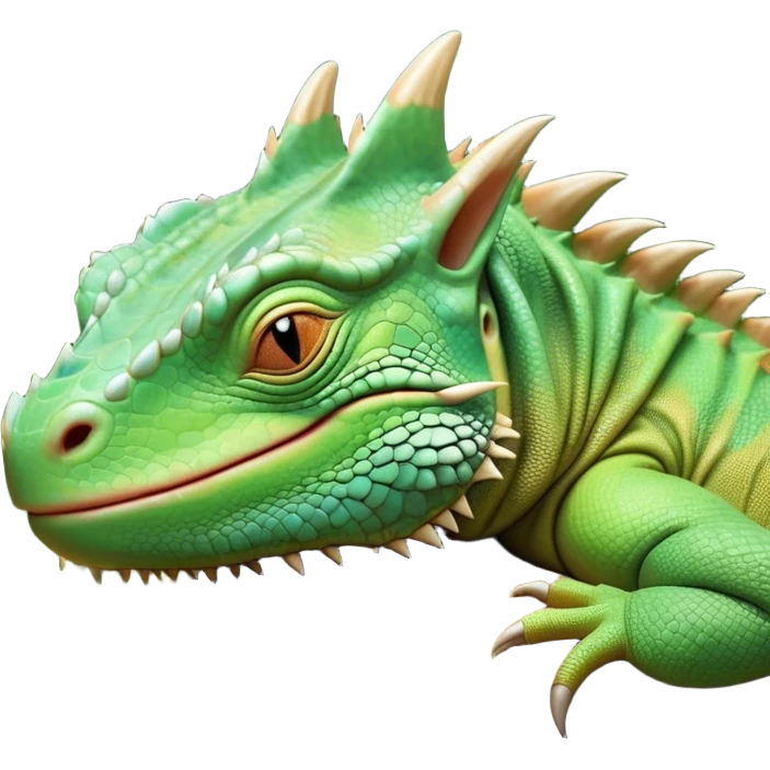 Meme-Worthy Cute Sleeping Iguana Portrait Emoji, Head resting peacefully with a contented smile, showcasing a solid, textured body with a subdued spiky crest and eyes gently closed in serene slumber, Simplified yet adorably endearing features, highly detailed, glowing with a soft, drowsy jungle light, high shine, relaxed and utterly lovable, stylized with an air of playful laziness, soft glowing outline, capturing the essence of a sleeping iguana that feels destined to become the next viral icon of adorable rest! emoji